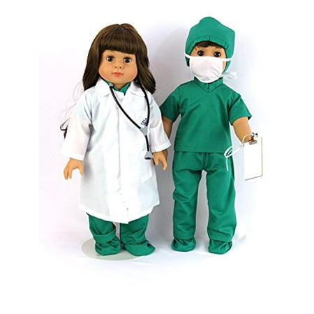 Doctor or Nurse 7 pc Set - 18 Inch Doll Clothes - Complete with White Doll Lab Coat, Face Mask, Medical Green Shoe Covers, Cap, Stethoscope, and