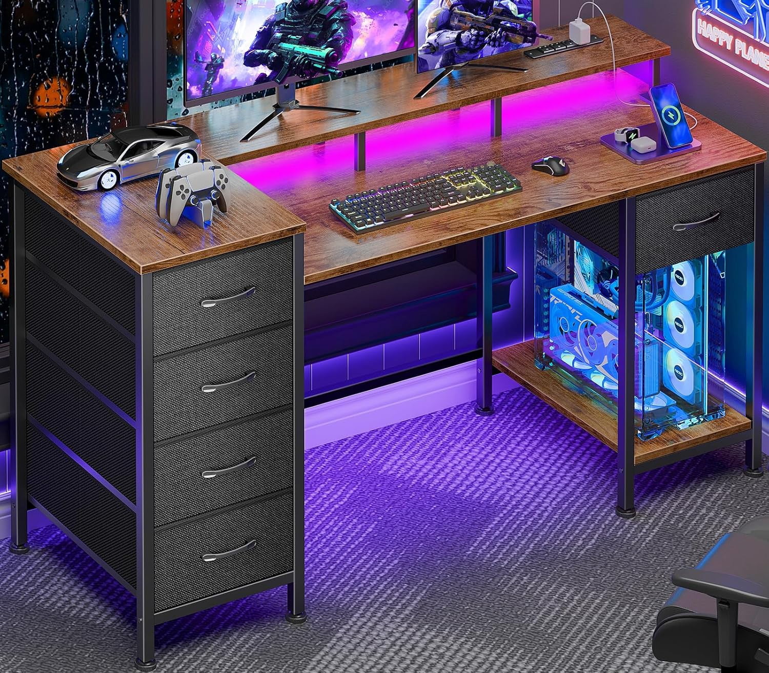 47 Inch Gaming Desk with Power Outlets and LED Lights, Reversible Computer Desk with 5 Fabric Storage Drawers, Home Office Desk with Monitor Stand for Working Writing Study, Rustic Brown