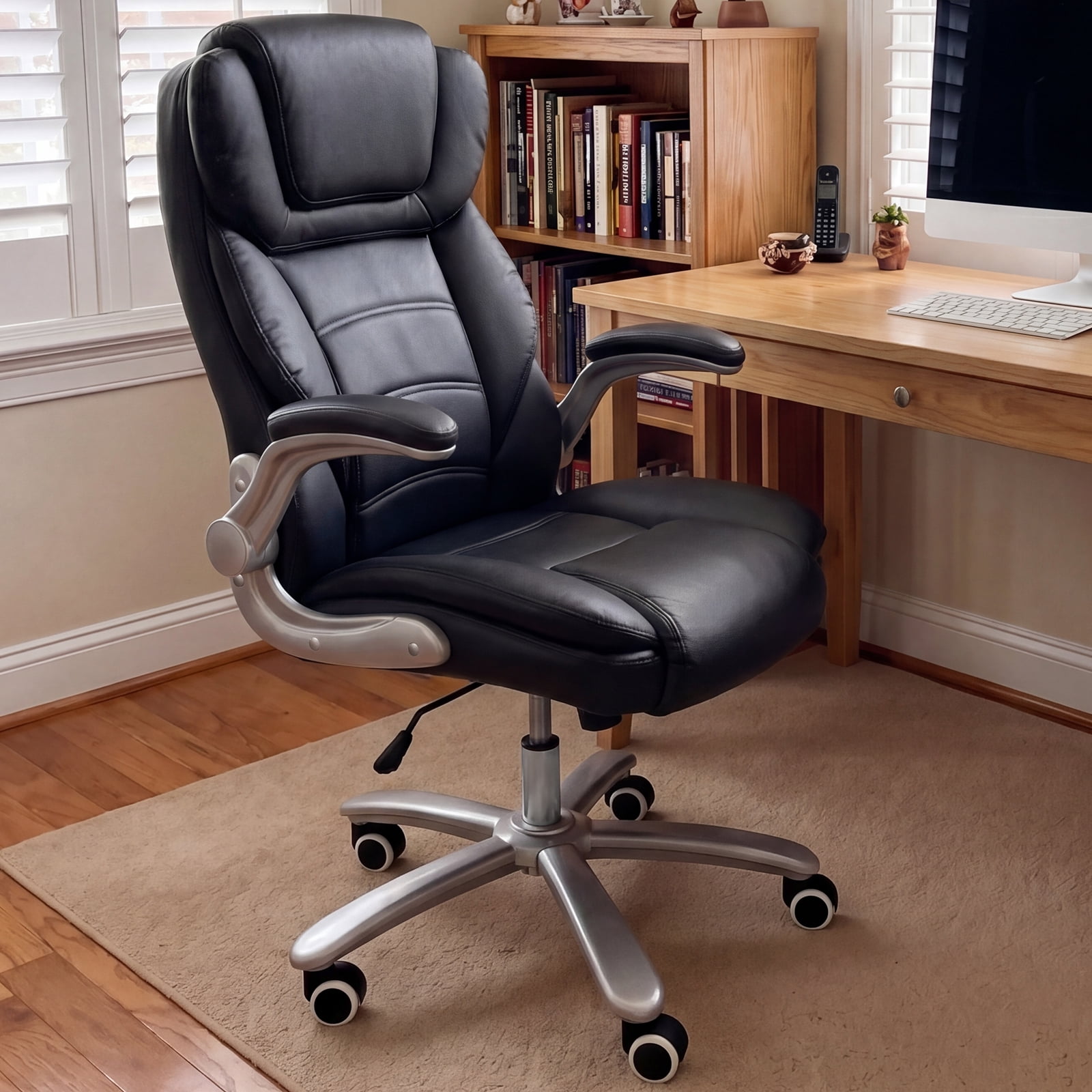 iooHug Big and Tall Office Chair 400lbs, Ergonomic Desk Chair with Lumbar Support, Flip-Up Arms, Faux Leather High Back Computer Chair for Home Office, Black