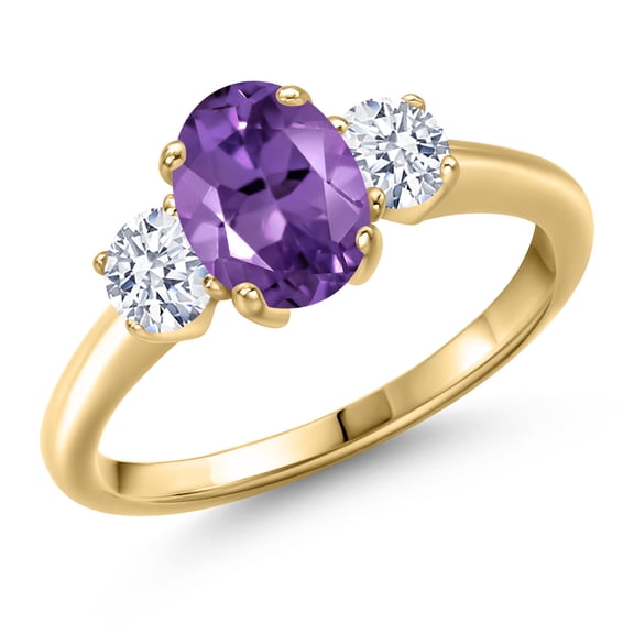 Gem Stone King 10K Yellow Gold Purple Amethyst and White Zirconia Engagement Ring for Women | 1.65 Cttw | Oval 8X6MM | Gemstone February Birthstone | Size 6