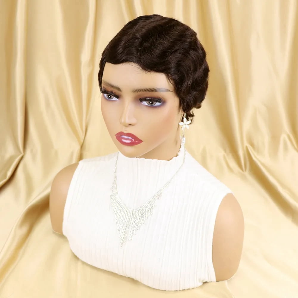 Short Pixie Cut Wigs for Black Women Mommy Brazilian Finger Ocean Wave Full Machine Made Remy Human Hair Cheap Wig for Party Dark Brown Color