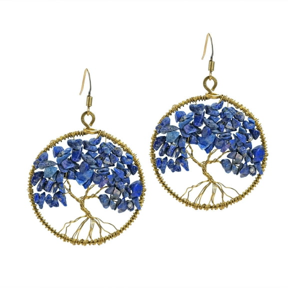 Eternal Tree of Life Simulated Blue Lapis-Lazuli Branch Brass Dangle Earrings