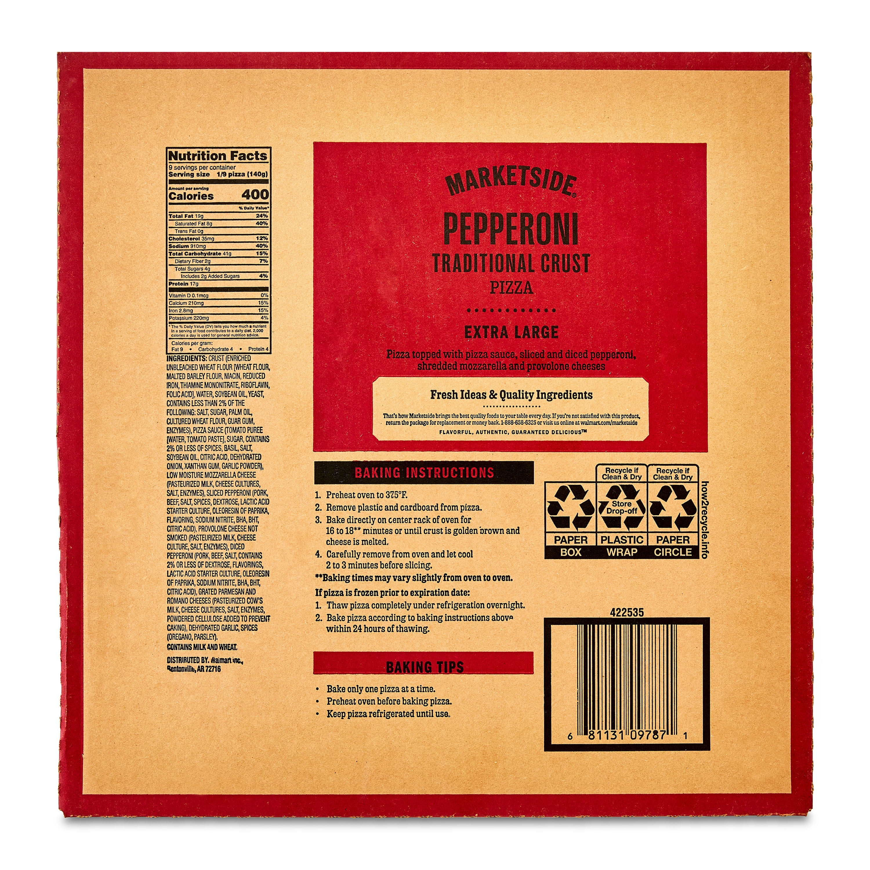 Marketside 16 Inch Extra Large Pepperoni Pizza with Marinara Sauce and Cheese, Ready to Bake