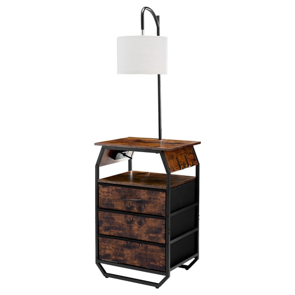 KFFKFF Floor Lamp with Table, 2-Tier End Table Featuring 3 Drawers and Adjustable Lighting, Modern Bedside Desk with USB, Type-C, and AC Charging Ports for Living Room, Bedroom, or Dorm