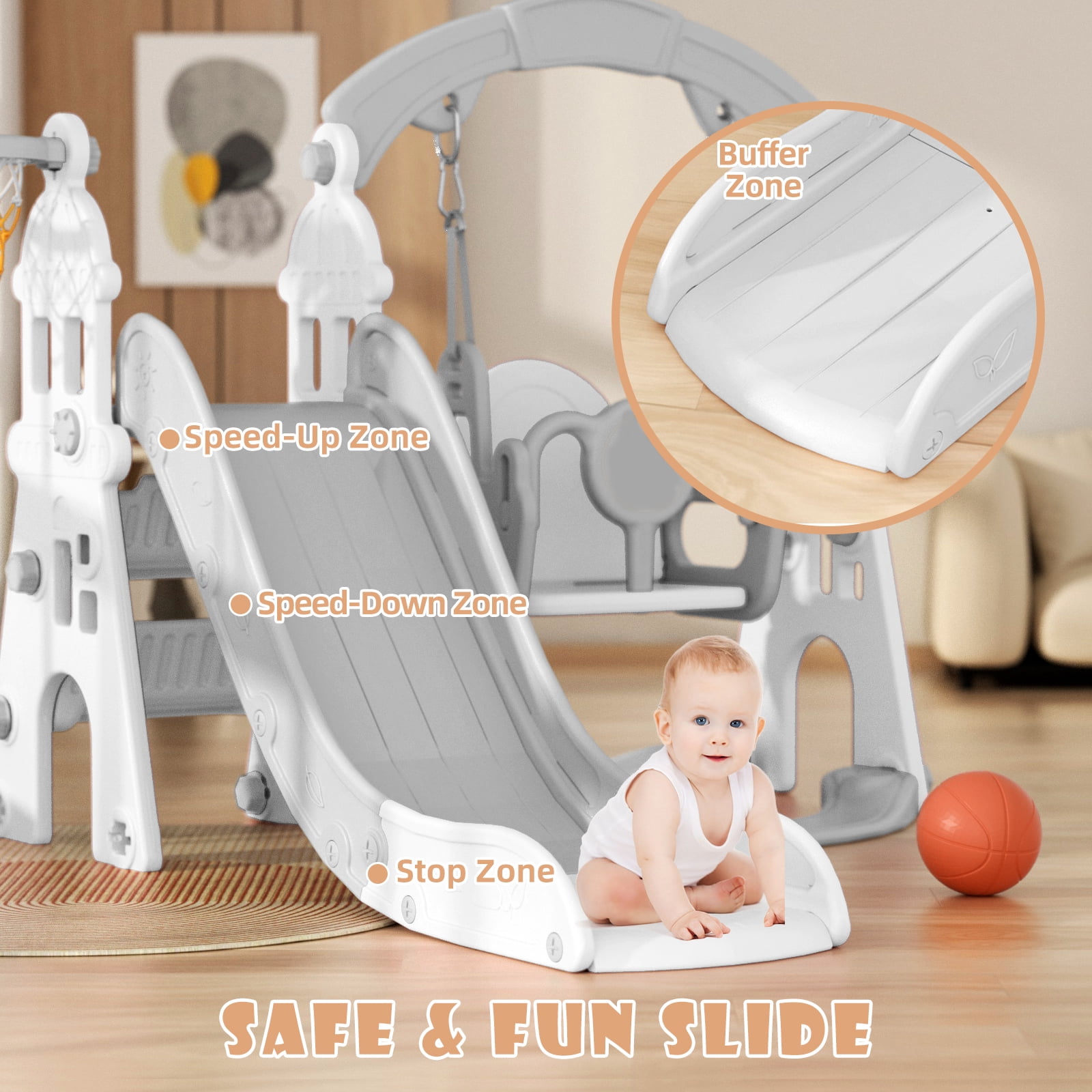 XJD 4-in-1 Kids Slide for Toddlers Age 1-3 Slide and Swing Set,Indoor Playground for Children,Freestanding Outdoor Slides with Basketball Hoop, Baby Climbing Toys
