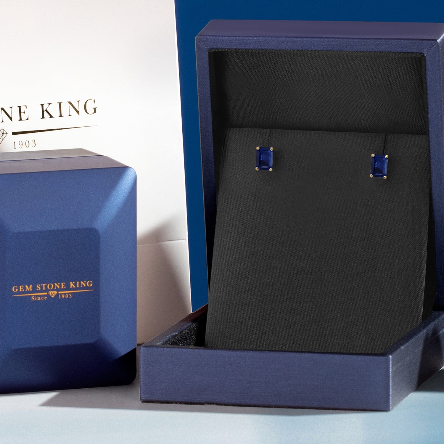 Gem Stone King 14K Yellow Gold Blue Sapphire Stud Basket Setting Earrings for Women Men | 1.23 Cttw | Gemstone September Birthstone | Octagon 6X4MM | Double Notch | Gold Earrings for Women Men