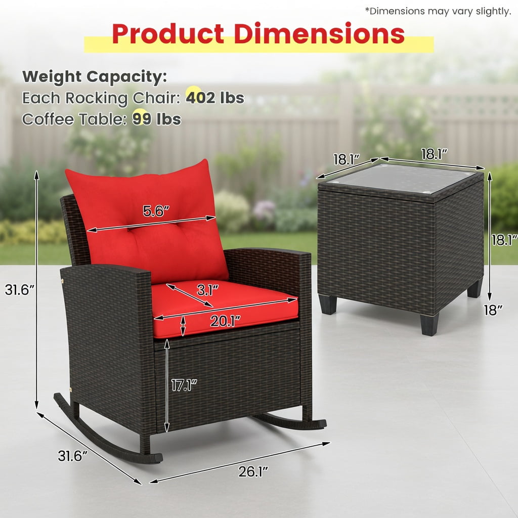 Hommoo 3-Piece Outdoor Rattan Rocking Chair Set with Tempered Glass Coffee Table & Removable Cushions, Red