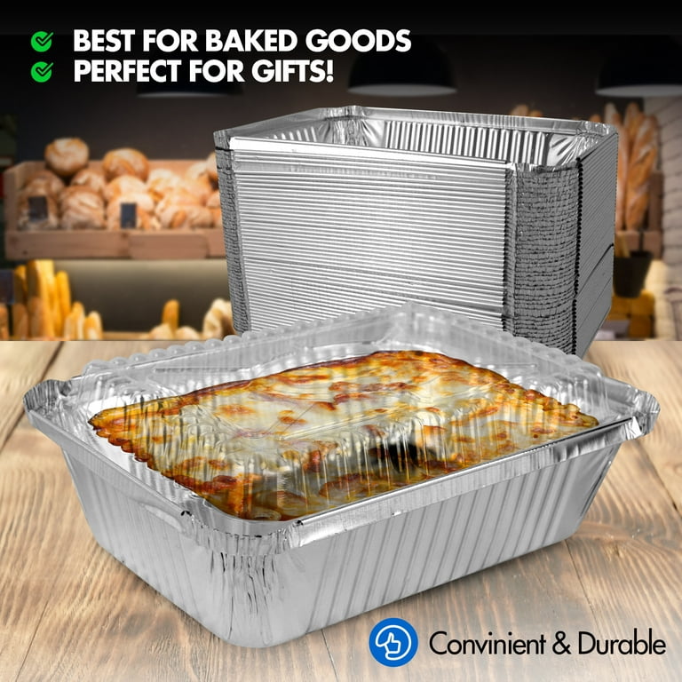 50 Pack] Rectangular Disposable Aluminum Foil Pan Take Out Food Containers  with Clear Plastic Dome Lids, Steam Table Baking Pans, 16 oz, 1 lb, Pint 