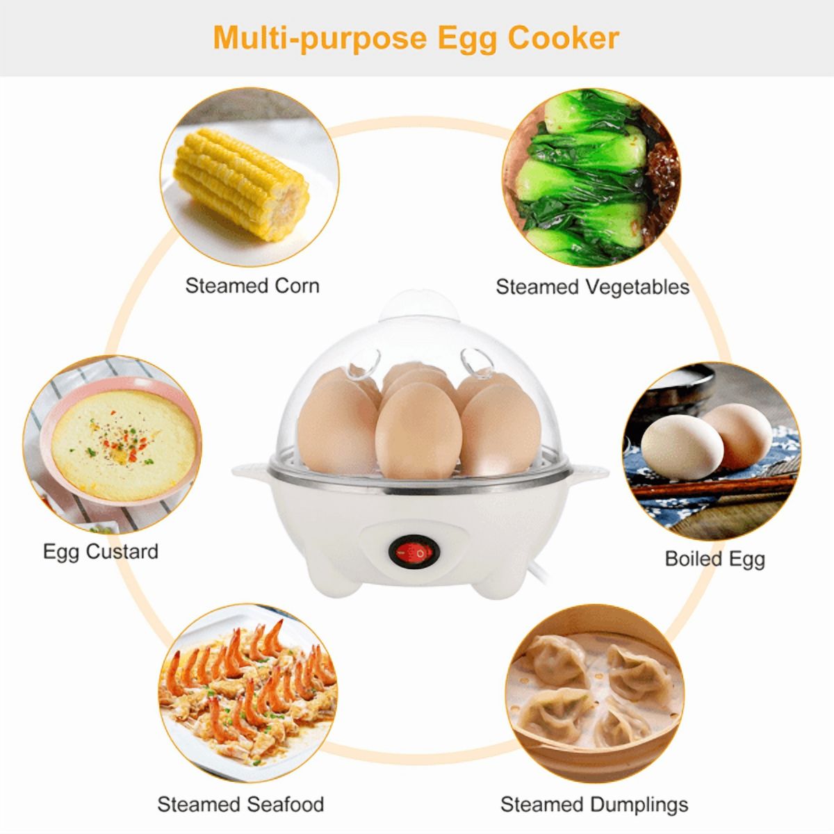 Electric Egg Cooker, 7‑Egg Capacity Multi‑Function Egg Boiler with Auto Shut‑Off, Measuring Cup & Egg Piercer Included for Soft Hard Boiled Eggs, Steaming Vegetables Dumplings