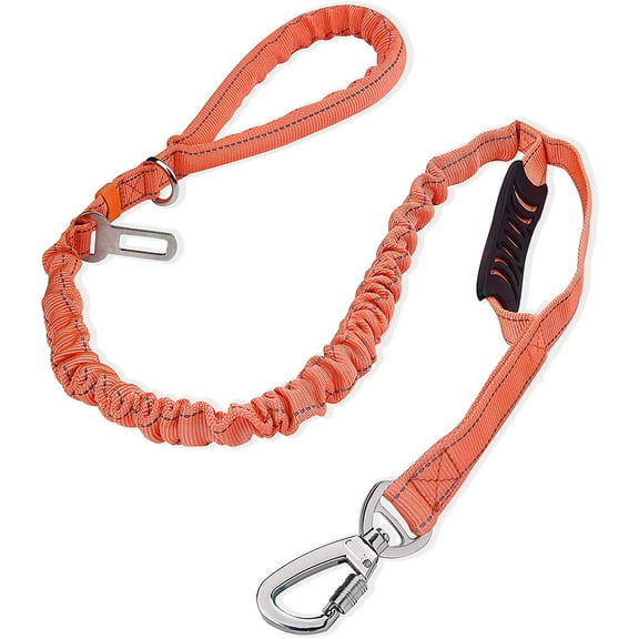 Heavy Duty Dog Leash, 4 Ft Reflective Dog Walking Training Shock Absorbing Bungee Leash with Car Seat Belt Buckle, 2 Padded Traffic Handle for Extra Control-Orange