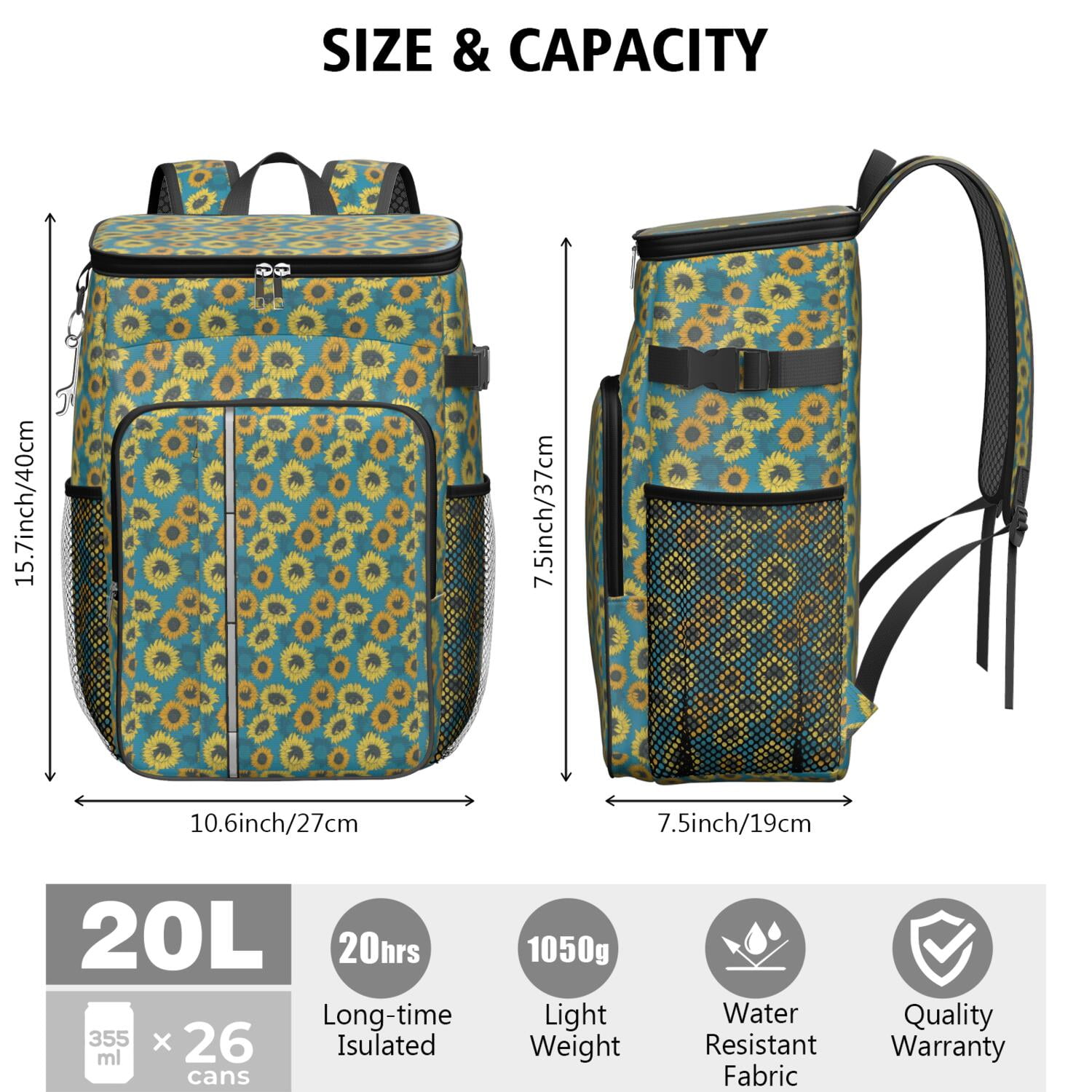 Travel Cooler Bag - Sunflower Camping Beer Cooler Backpack with Bottle Opener- Waterproof Insulated Picnic Backpacks - Cooler Bag for Beach