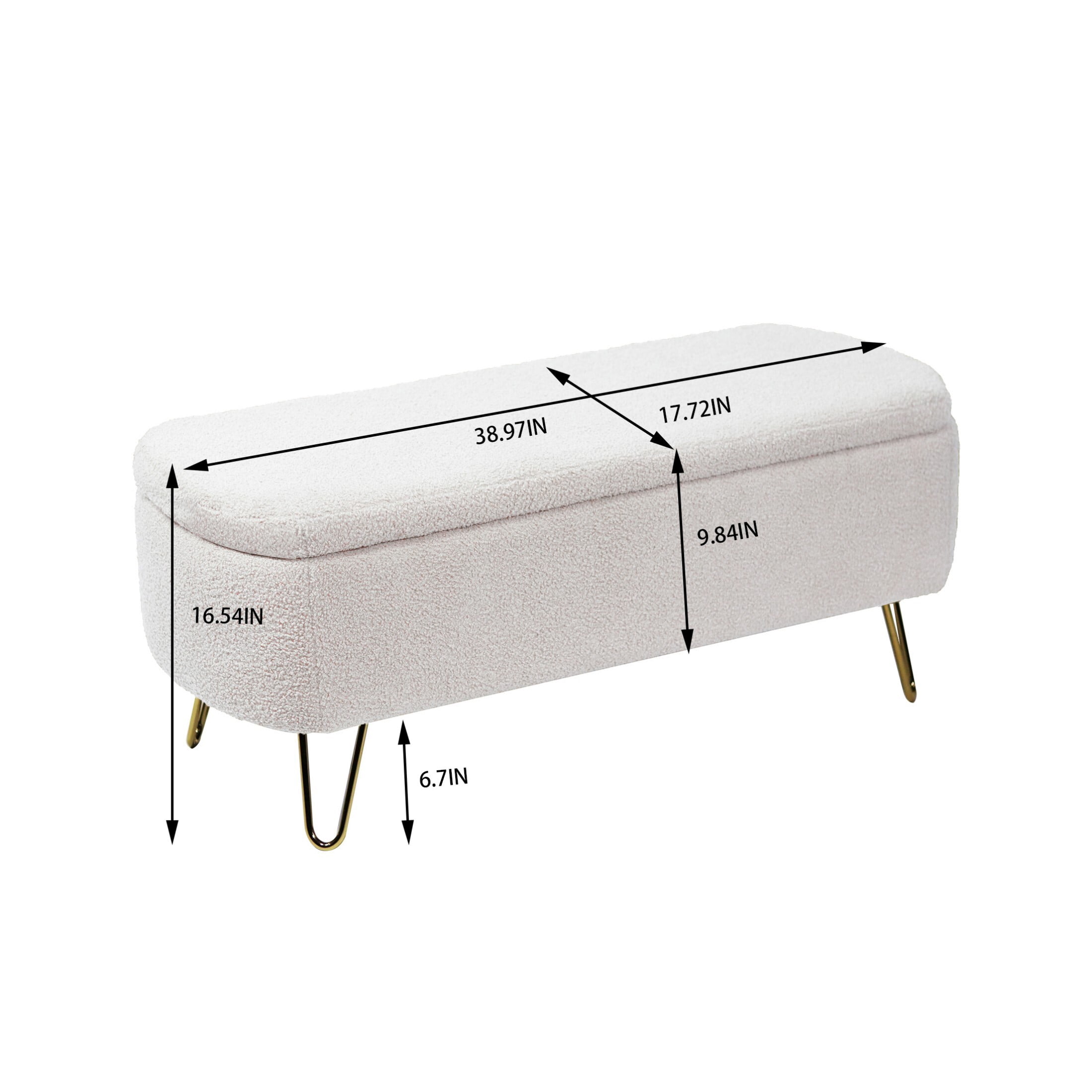 DEALTOPS Stylish Faux Fur Storage Bench, Oval Ottoman with Storage Space and Metal Legs, Ivory