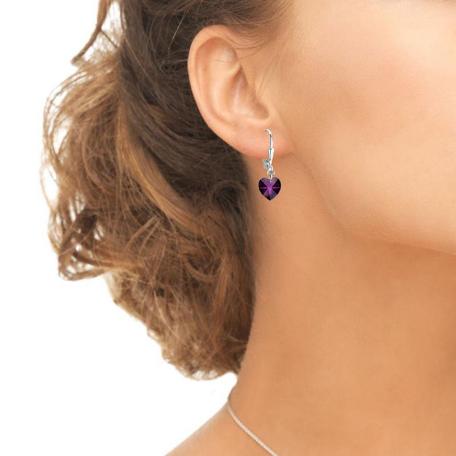 Sterling Silver Purple Dainty Heart Dangle Leverback Earrings Made with Swarovski Crystals
