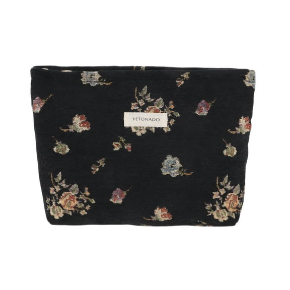 Unique Bargains 1 Pc Vintage Floral Makeup Bag Polyester Black Large