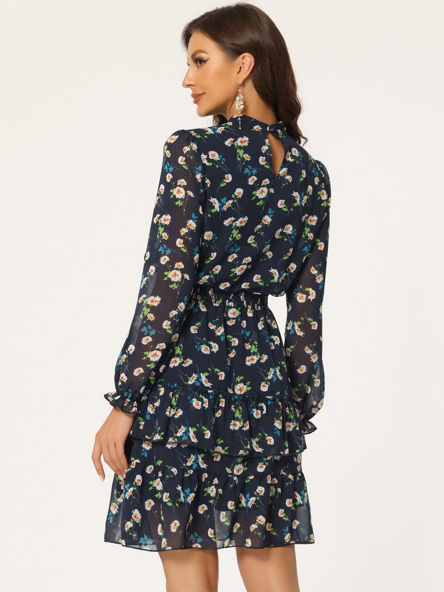 DARING DIVA Women's Sheer Sleeve Floral Chiffon Dress S Deep Blue