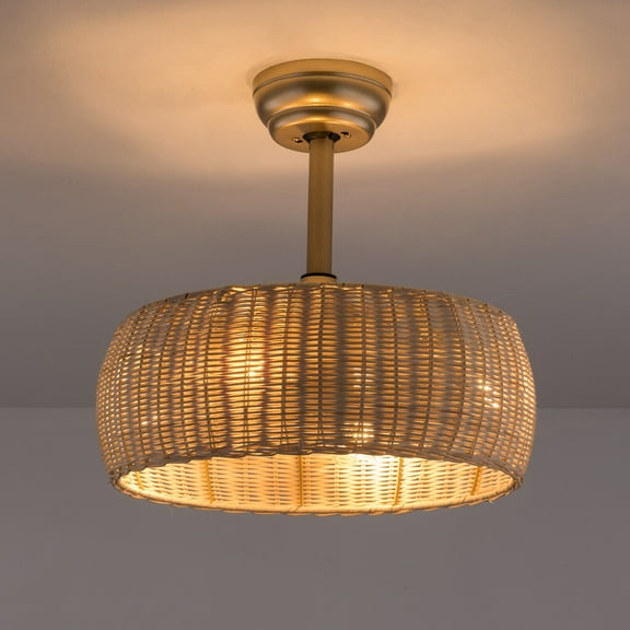 Bohemian Style Hand-Woven Rattan Cage Ceiling Fan with Remote Control, E26 Bulb Base, Modern Farmhouse Ceiling Light for Bedroom, Living Room & Kitchen, Natural & Gold