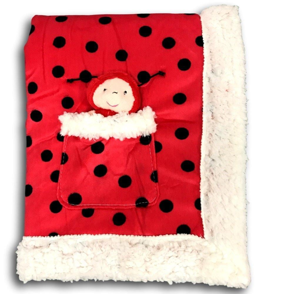 Plush Reversible Velour and Sherpa Baby Blanket with Stuffed Toy RED