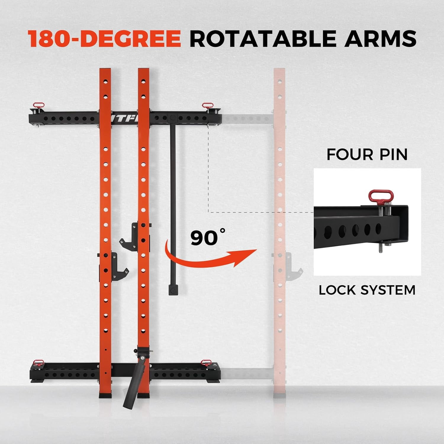 RitFit Multi-Functional Folding Squat Power Rack for Home Gym, 2.36'' x 2.36'' Wall Mounted Squat Rack with Attachments - Space Saving, Orange