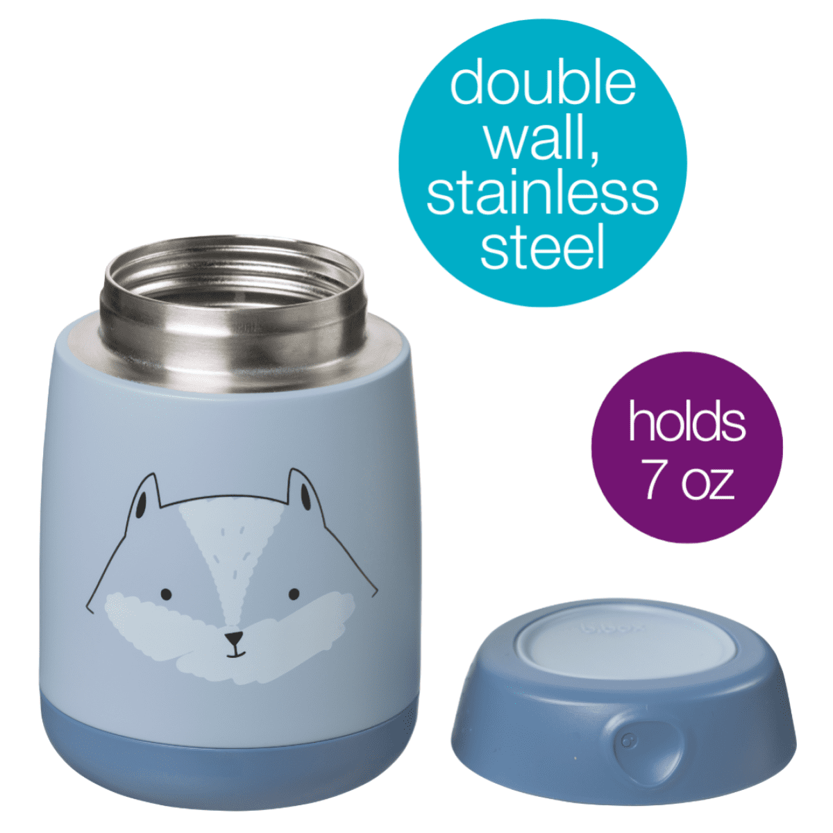 b.box Insulated Food Jar Mini | Small Snack Container for Babies and Kids | Double Wall Stainless Steel | Keeps Food Cold for 6hrs, Warm for 4hrs | (Blue Fox, 7 oz)