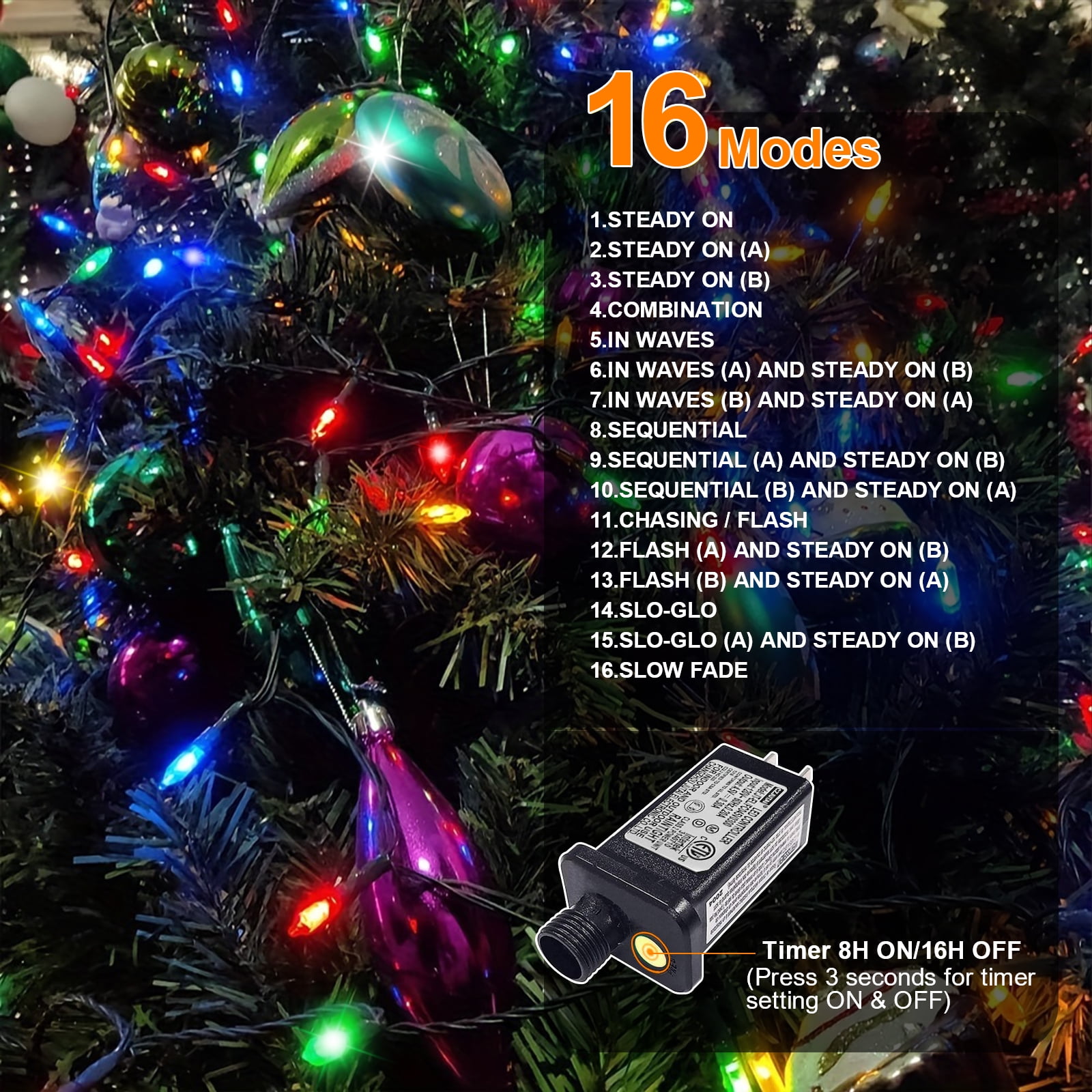 2 Pack Multicolor Christmas Mini Lights, 32.5FT 100 LED Clear Bulbs String Lights with 16 Light Modes, Fairy Lights Plug in for Outdoor Xmas Trees Garland Wreath Holiday Decorations