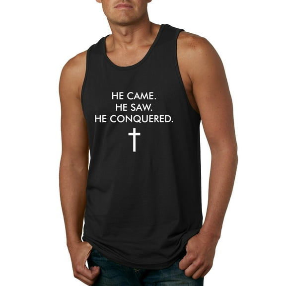 Wild Bobby, He Came He Saw He Conquered Inspirational/Christian Men Graphic Tank Top, Black, Small