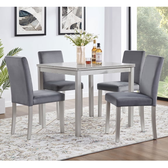 MAYEERTY 5-Piece Wooden Dining Table Set with 4 Upholstered Chairs for Kitchen Dining Room, Silver Grey