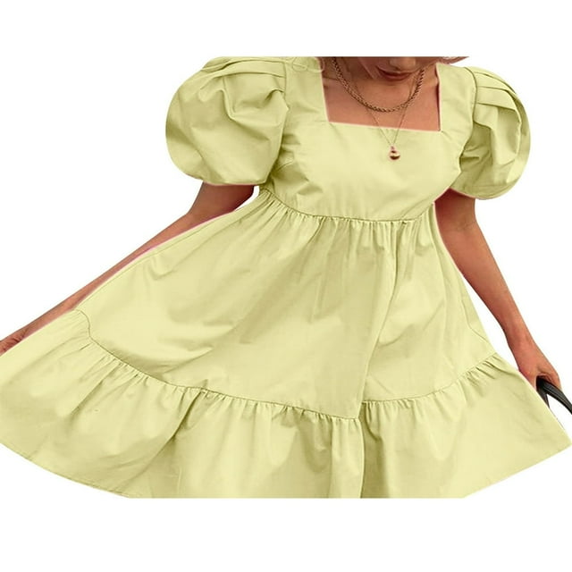 PENGXIANG Femmes Robe Décontractée Couleur Unie Polyester Manches Courtes Puff Col Carré Style Ourlet Volanté Mini Robes Jaune M