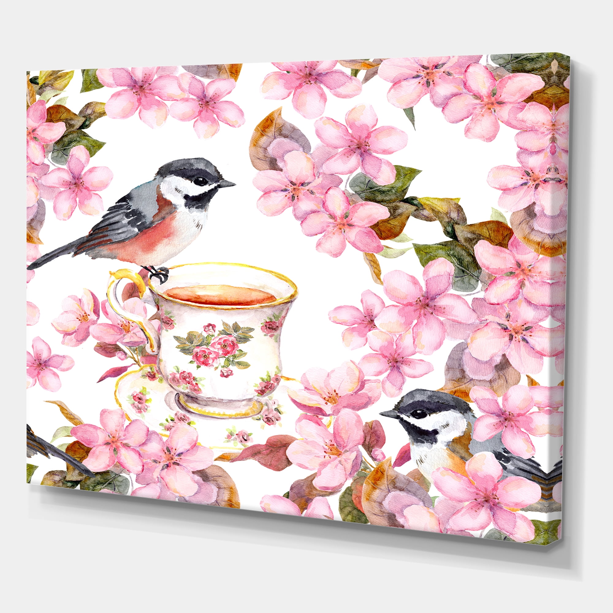 Designart ' Tea Cup Birds and Pink Flowers ' Traditional Canvas Wall Art Print