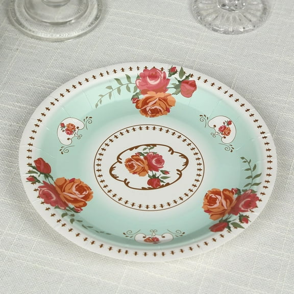 BalsaCircle 25 Turquoise 7" Paper Round Disposable Plates with Vintage Rose Flower Print Wedding Events Party Decorations