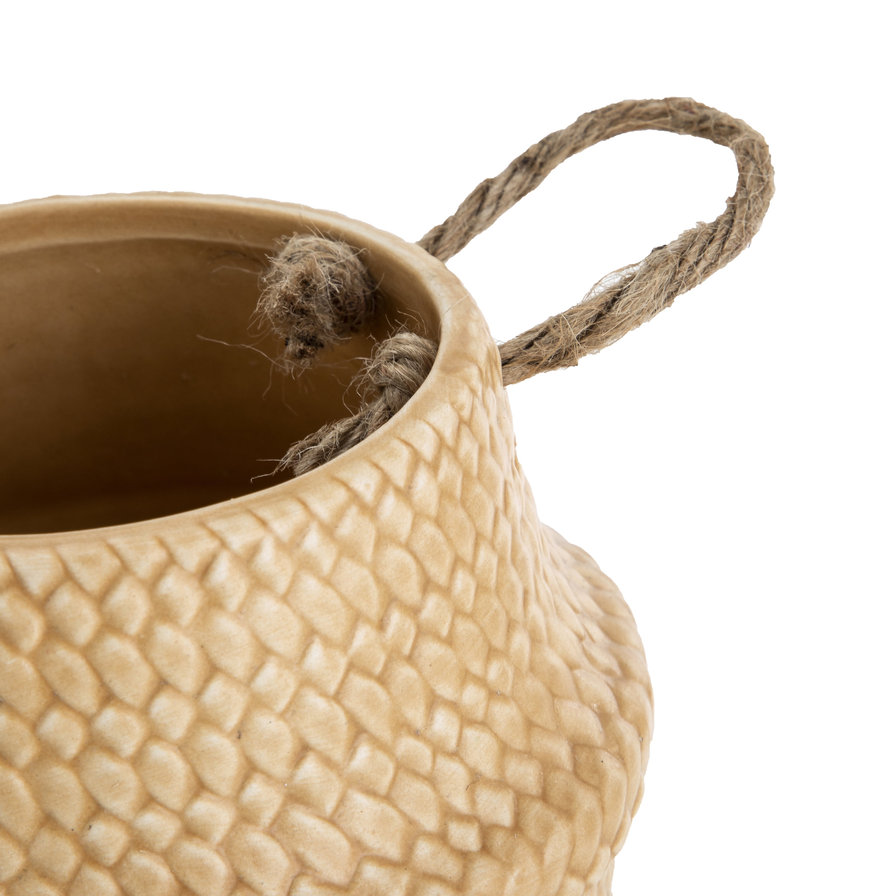 Mainstays Brown Ceramic Belly Basket Planter with Jute Handles, 5.39"D x 4.6"H