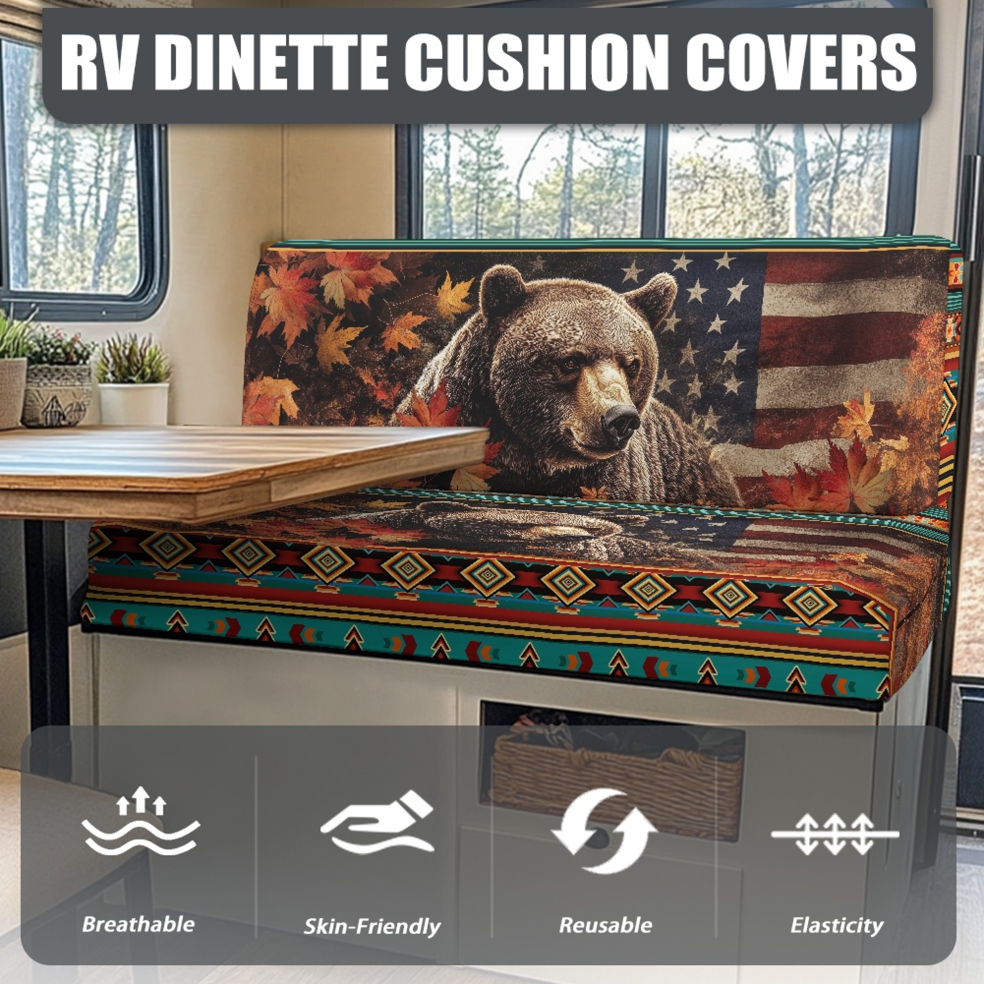 FOR U DESIGNS Bear Maple Leaf Geometric Pattern 2 Pcs RV Dinette Cushion Covers Replacement RV Dinette Booth Seats Cover Elastic Sofa Chair Cover Furniture Protector for RV Camper Car Bench