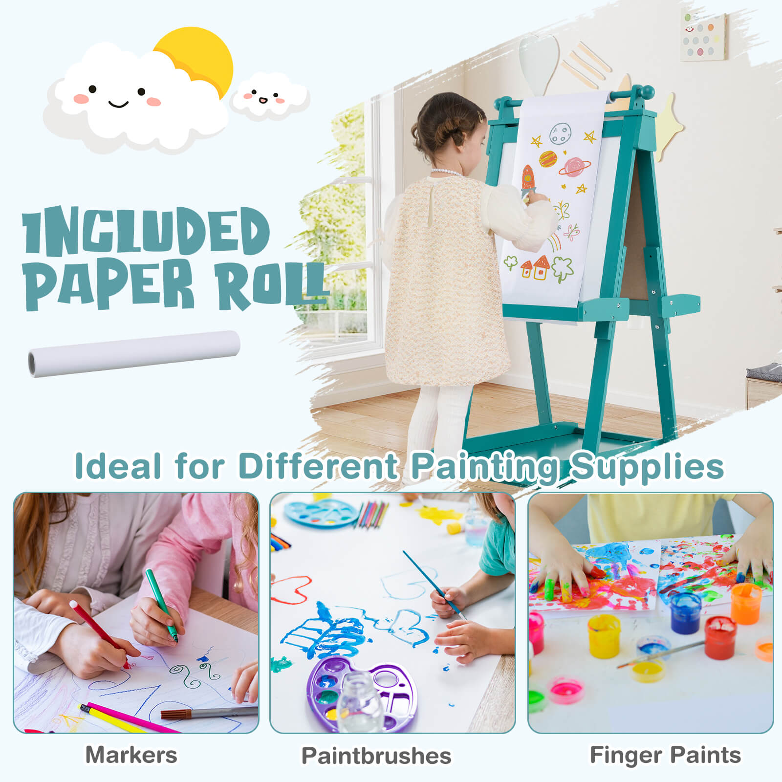 Infans Foldable Easel for Kids 3-in-1 Double-sided Art Easel with Chalkboard Gray