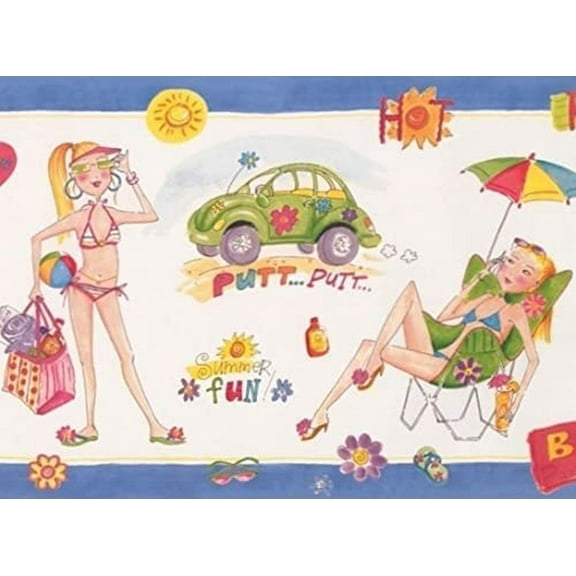 Concord Wallcoverings Wallpaper Border Girls Pattern for Kids Room, White Green Pink Blue Yellow Purple, 8 Inches by 15 Feet WK9131B