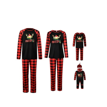 

JYYYBF Family Matching Christmas Pajamas Set Deer Letter Long Sleeve T-shirt Plaid Pants Parent-child Homewear for Xmas Black Mom L
