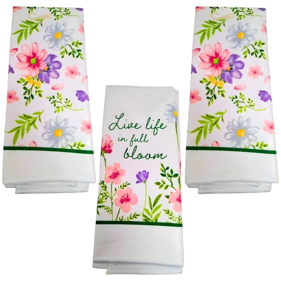 3-Pack Spring Floral Kitchen Towels, 15 x 25 in. Absorbent Decorative Dish Towels with Assorted Live Life in Full Bloom Design Farmhouse Seasonal Tea Towels for Kitchen Bathroom Home Décor