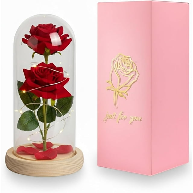 Rosa Flor Eterna, la Bella y la Bestia, Rosas Flor Artificial Luces LED, con Cúpula, Base Pino y Doble Rosas, Romántico Regalo para Novia o Esposa, San Valentín, Día De Madre, Boda Aniversario