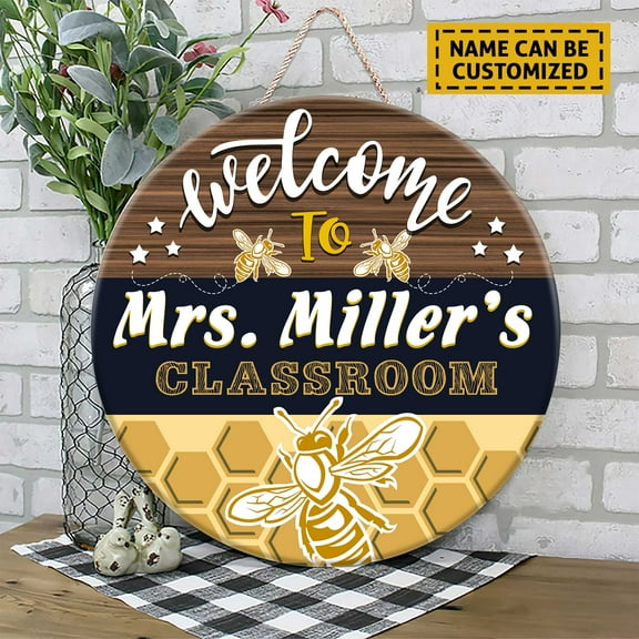 Flagwix Personalized Back To School Sign, Custom Round Wooden Teacher Name Sign, Classroom Decor, Unique Teacher Gifts, Rustic Bee and Honeycomb Door Sign - 14 inches