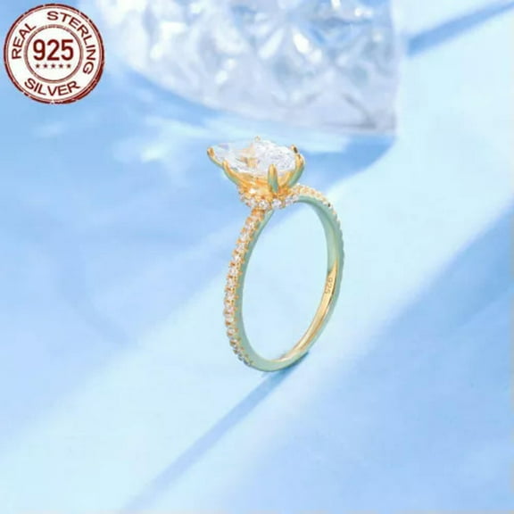 925 Sterling Silver Ring Gold Plated S925 Marquise Cut Women Wedding Engagement