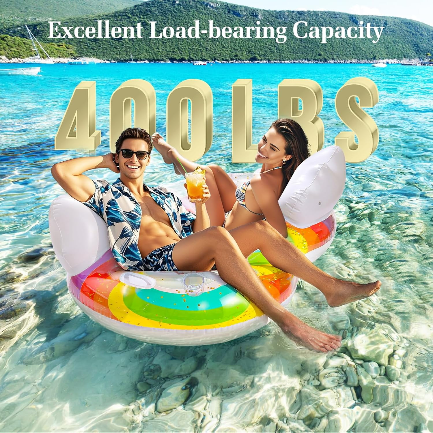 HEY!SPLASH Pool Floats Adult, 2 Seat Inflatable Rainbow Float with Cloud Backrests and Handles, Pool Float with Cup Holders for Family/Friends/Couple, Pool Float Chair for Beaches, Pool Parties