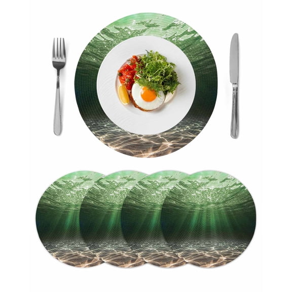 Dark Green Ocean Waves Round 15 Inch Placemats Set of 4, Summer Beach Coastal Abstract HeatResistant Non Slip Place Mats for Dining Table, Wipeable Braided Kitchen Table Mats for Housewarming