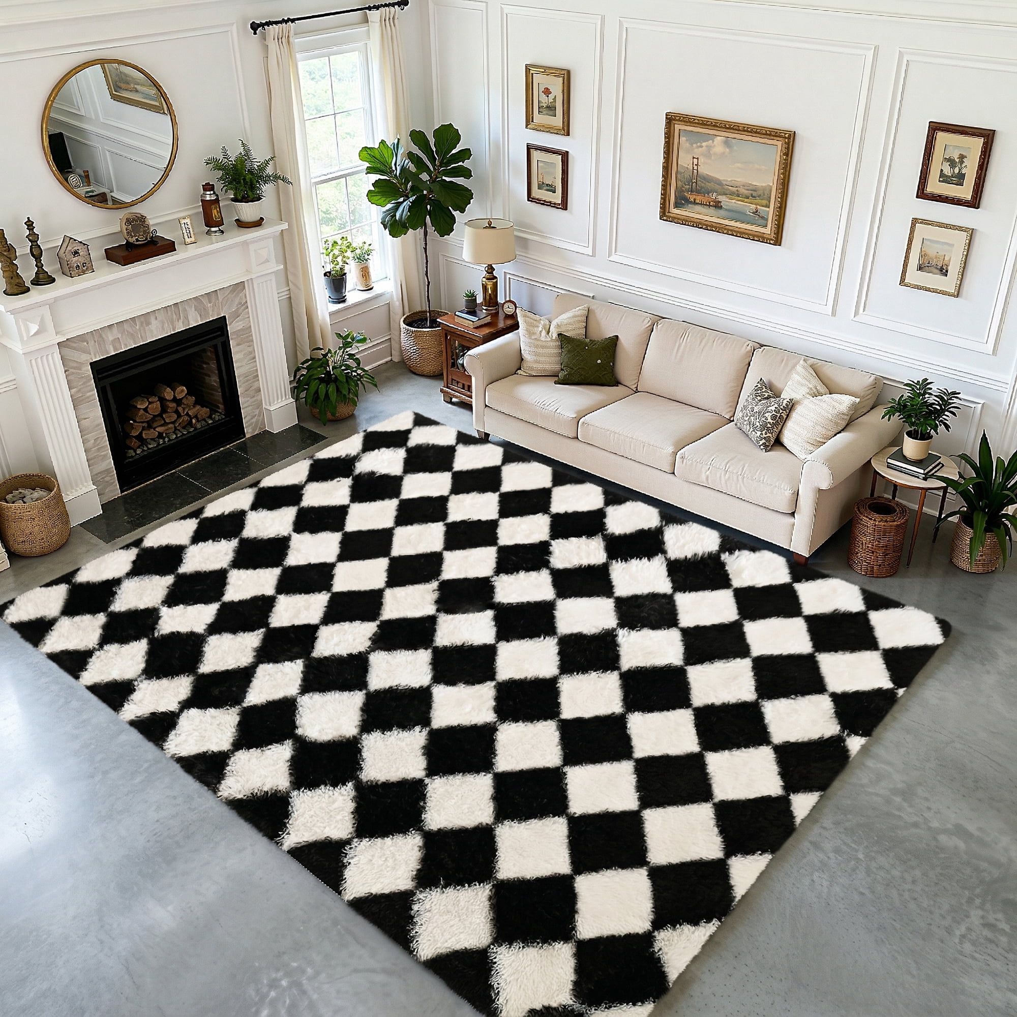 Pentantan 5’x 8’ Shag Area Rugs, Soft Fluffy Modern Checkered Indoor Carpet for Living Room Bedroom, Black & White