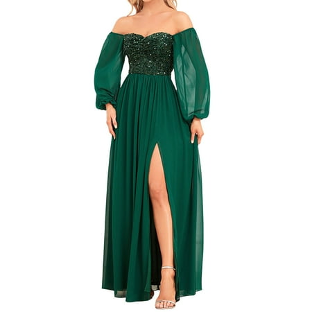 DVKOVI Elegant Dresses for Women Formal Corset Prom Dresses 2024 Women s Sexy Sequin Dress Off Shoulder Neck Ruched Bodycon Long Sleeve Party Club Dresses Green XL