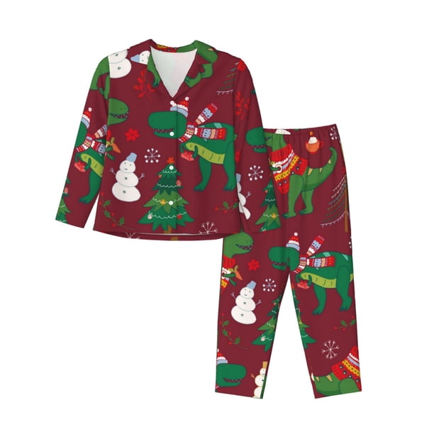 Fotbe Dinosaur Christmas Happy New Year Conjunto de Pijama de Manga Larga para Mujer con Estampado, Ropa de Dormir de 2 Piezas, Conjunto de Casa Suave y Cómodo con Bolsillos-XX-Large