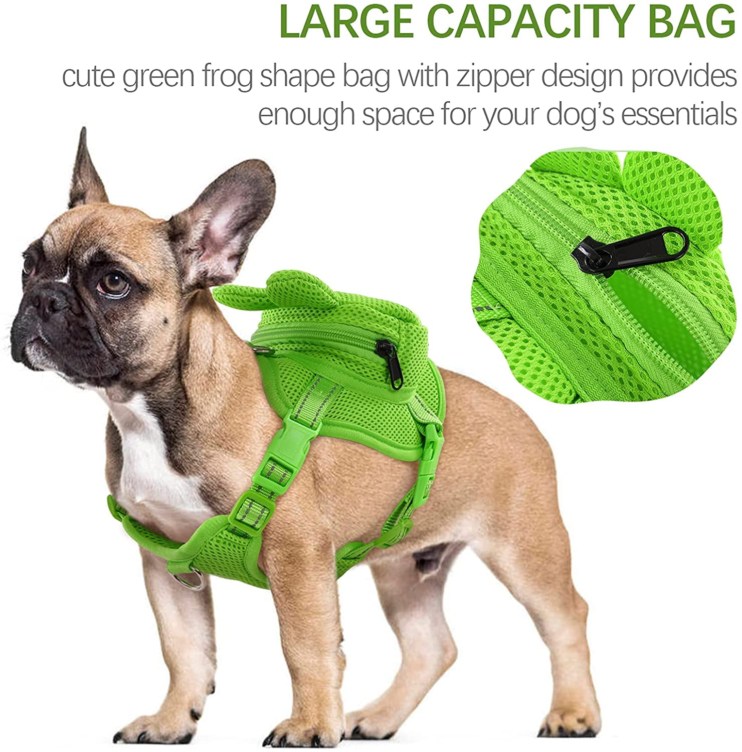 Dog Harness with Backpack No Pull Pet Harness Vest, Mesh Frog Saddle Bag Adjustable Mesh Dog Carrier Backpacks for Hiking Training and Daily Walking