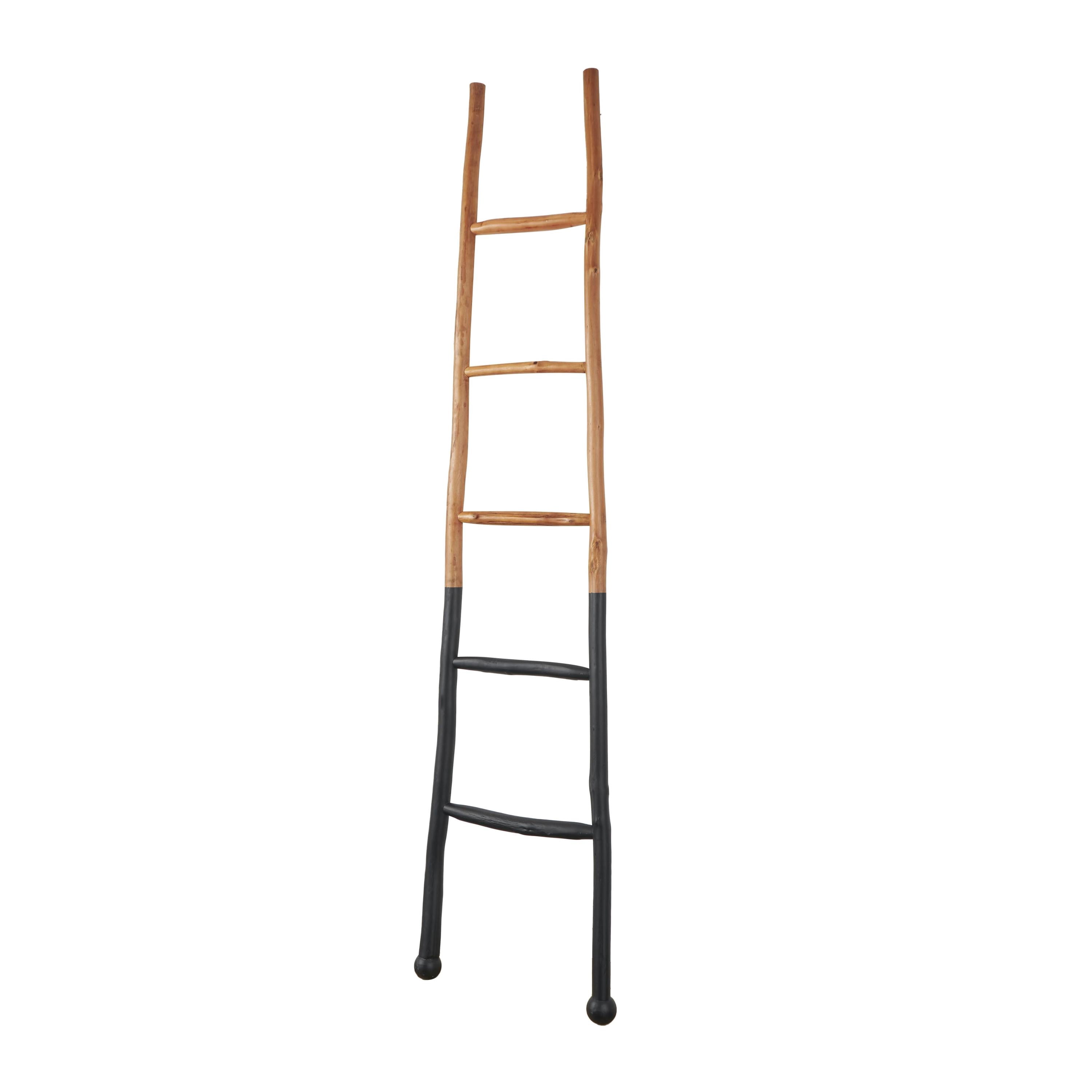 DecMode 18" x 73" Brown Wood Handmade Two-Toned Slanted Ladder with Wider Base and Ball Feet, 1-Piece
