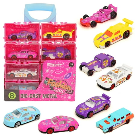 8 Pack Die-Cast Toy Cars for Girls - Pink Mini Race Cars for Girls 2 3 4 5 Years Old, Christmas Birthday Gifts for Girls Aged 3 4 5 6 7