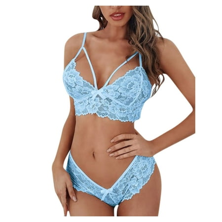 

Fabiurt Women s Underwear Women Plus Size Lingerie Corset Lace Floral Bralette Bra Two Piece Underwear Blue