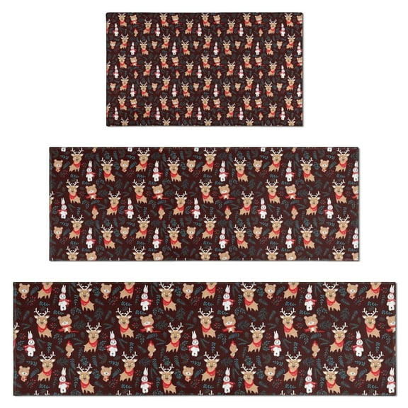 Dark Christmas Animal Pattern Kitchen Rugs Sets Of 3,Kitchen Runner Rugs Non Skid Washable,Decorative Kitchen Floor Mats for Kitchen,Sink,Laundry,17"x30" 17"x47" 17"x59"