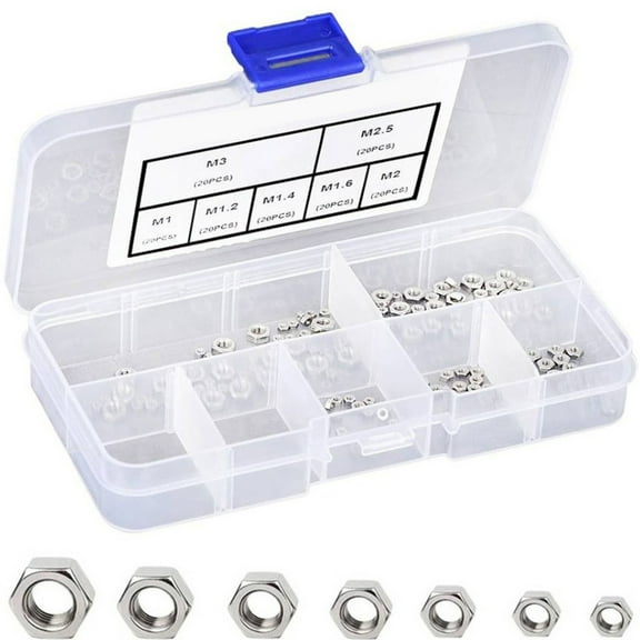 140Pcs 304 Stainless Steel Hexagon Small Nuts Boxed M1M1.2M1.4M1.6M2M2.5M3 Set Lock Nut Assortment Kit