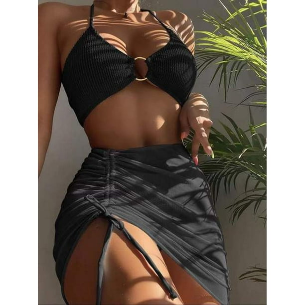 3 Pieces Mesh Skirt Swimsuit Women Halter Micro Ribbed Bikini 2022 High Waist Swimwear Sexy Solid Beachwear Bathing Suit Biquini Walmart